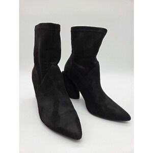 Black Faux Suede Sock Boots Pointed Toe Block Heel Ankle Booties